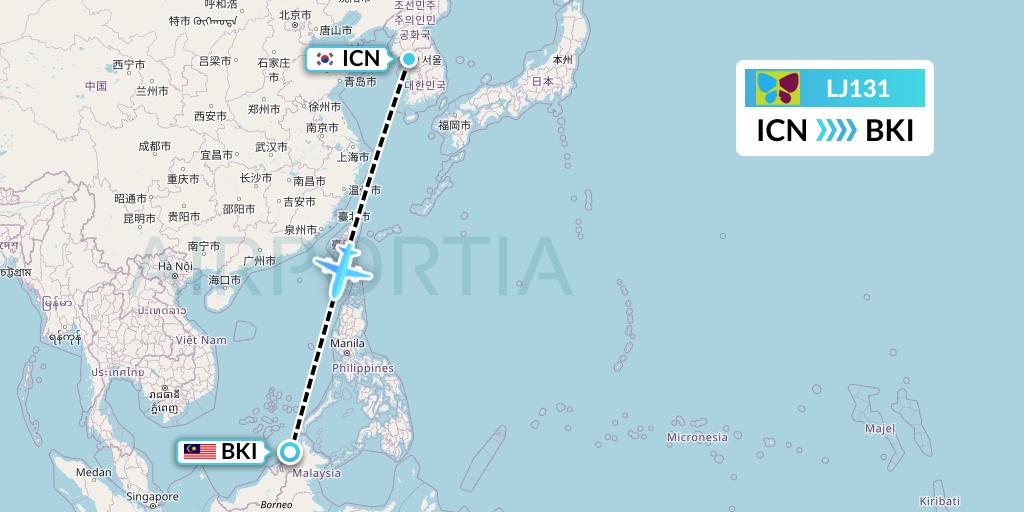 LJ131 Jin Air Flight Map: Seoul to Kota Kinabalu
