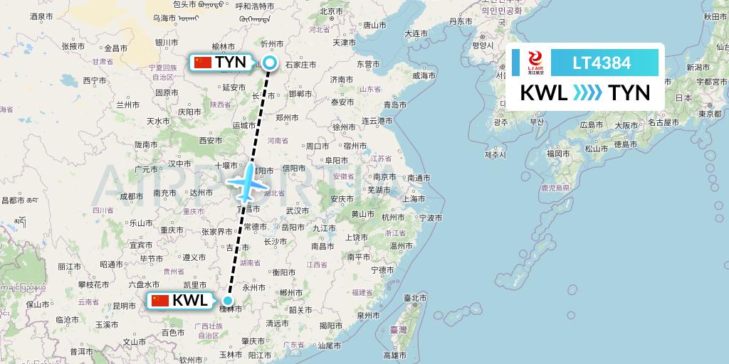 LT4384 LongJiang Airlines Flight Map: Guilin to Taiyuan