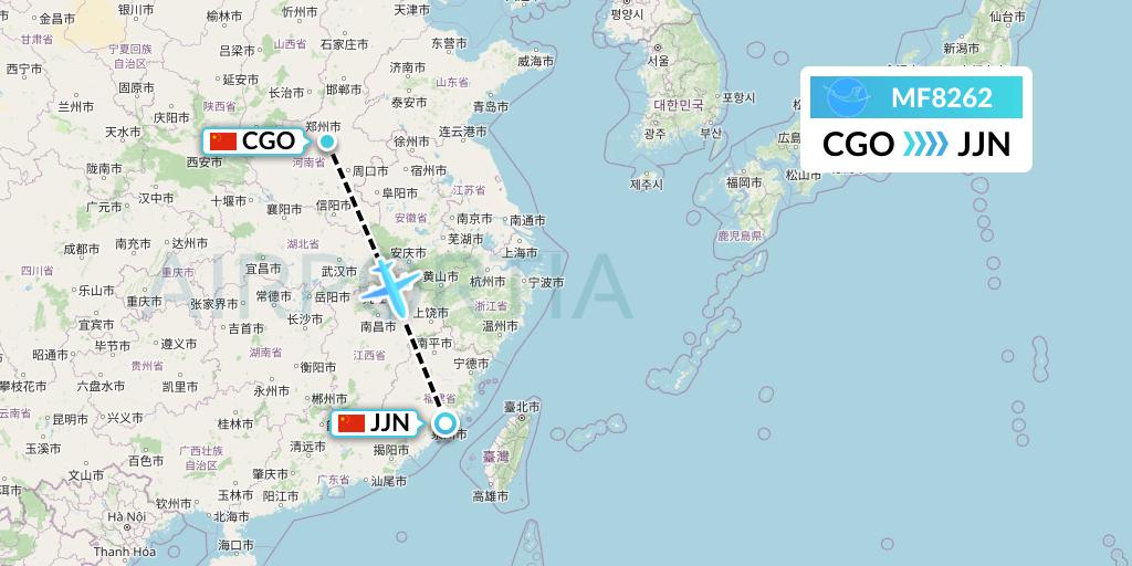 MF8262 Xiamen Airlines Flight Map: Zhengzhou to Jinjiang