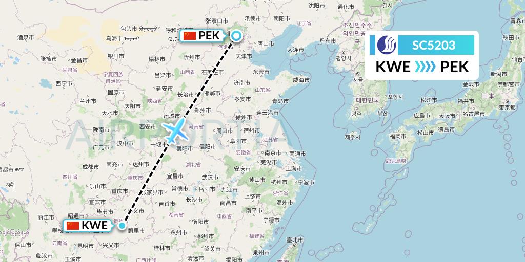 SC5203 Shandong Airlines Flight Map: Guiyang to Beijing