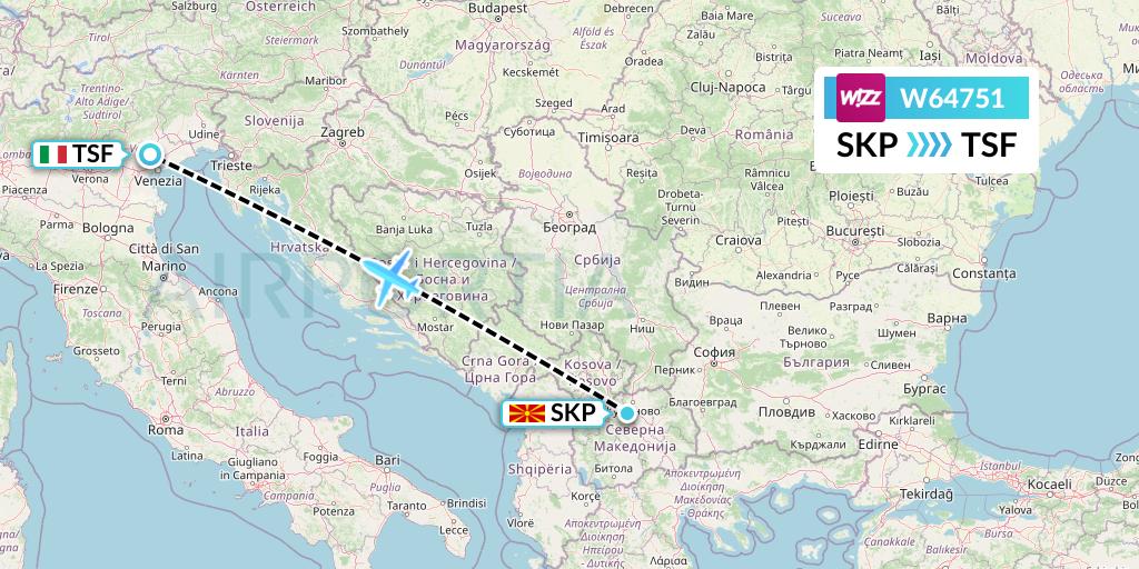 W64751 Wizz Air Flight Map: Skopje to Treviso