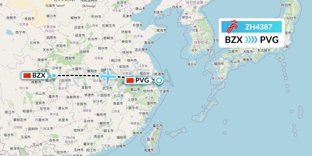 ZH4387 Shenzhen Airlines Flight Map: Guangyuan to Shanghai