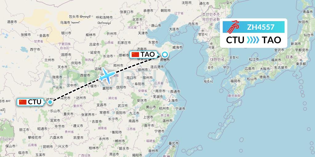 ZH4557 Shenzhen Airlines Flight Map: Chengdu to Qingdao