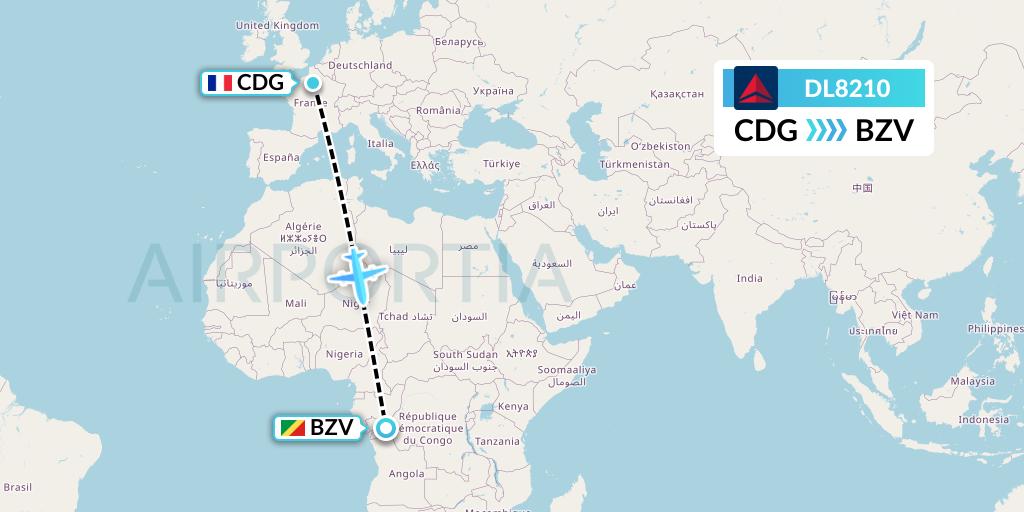 DL8210 Delta Air Lines Flight Map: Paris to Brazzaville