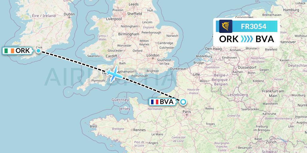 FR3054 Ryanair Flight Map: Cork to Paris