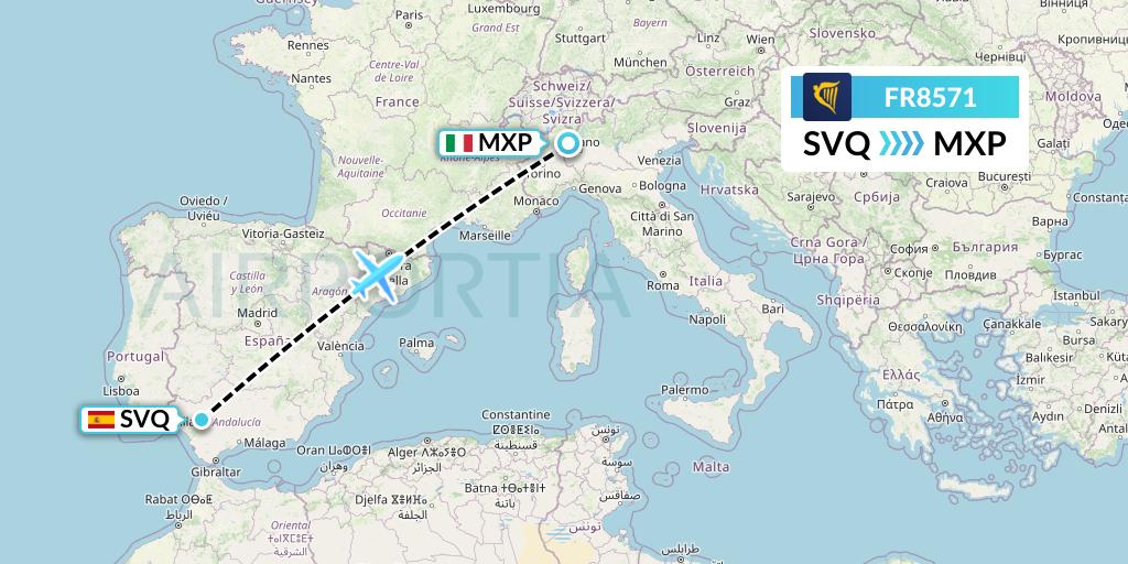 FR8571 Ryanair Flight Map: Seville to Milan