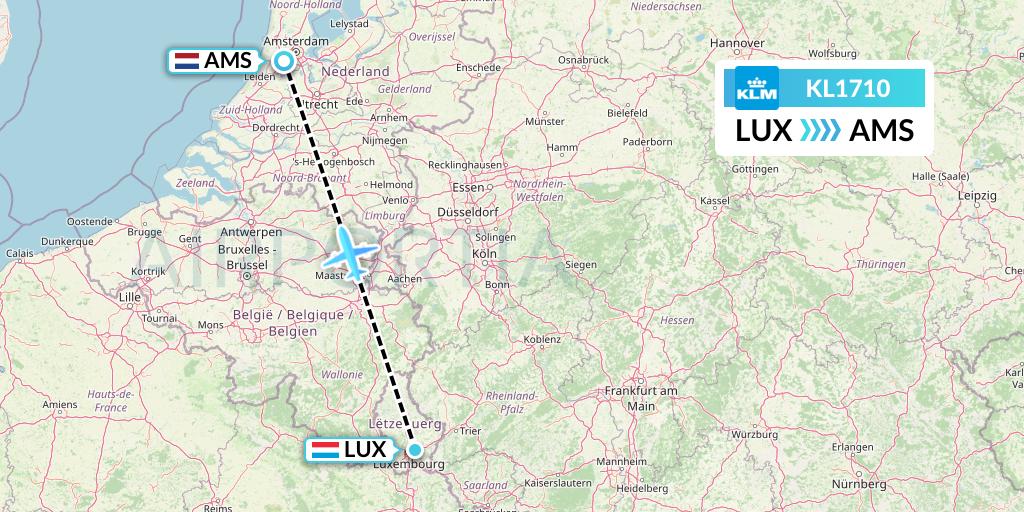 KL1710 KLM Flight Map: Luxembourg to Amsterdam