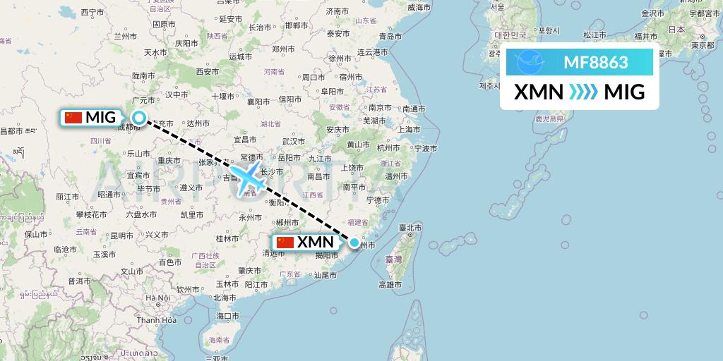 MF8863 Xiamen Airlines Flight Map: Xiamen to Mianyang