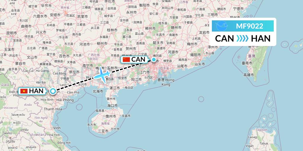 MF9022 Xiamen Airlines Flight Map: Guangzhou to Hanoi