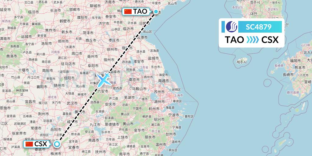 SC4879 Shandong Airlines Flight Map: Qingdao to Changsha