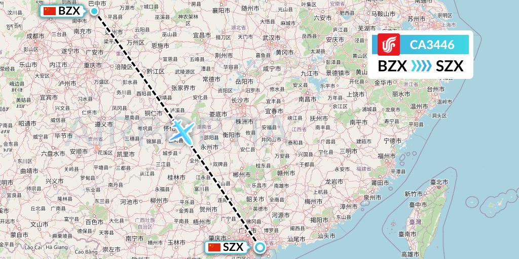 CA3446 Air China Flight Map: Guangyuan to Shenzhen