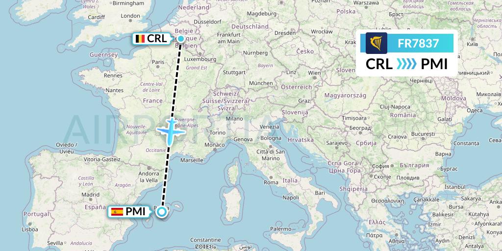 FR7837 Ryanair Flight Map: Brussels to Palma de Mallorca