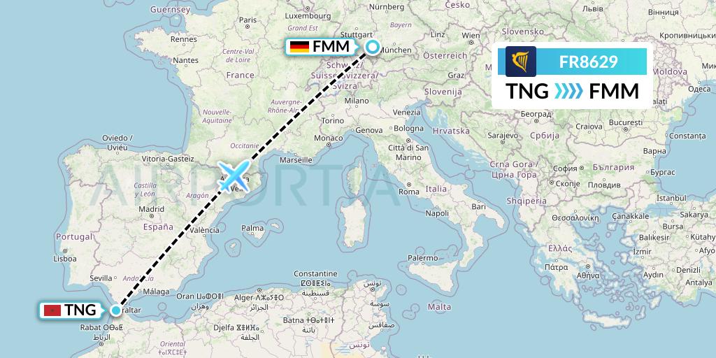 FR8629 Ryanair Flight Map: Tangier to Memmingen