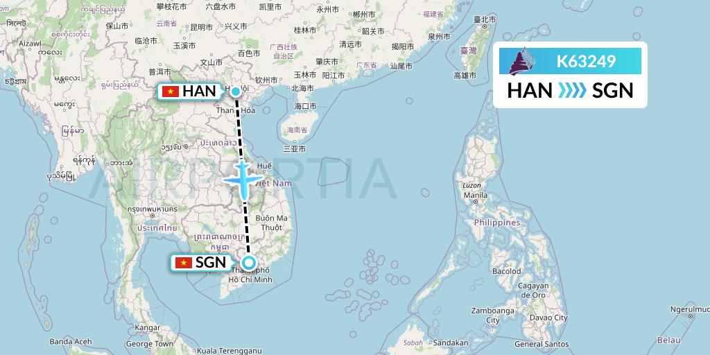 K63249 Cambodia Angkor Air Flight Map: Hanoi to Ho Chi Minh City