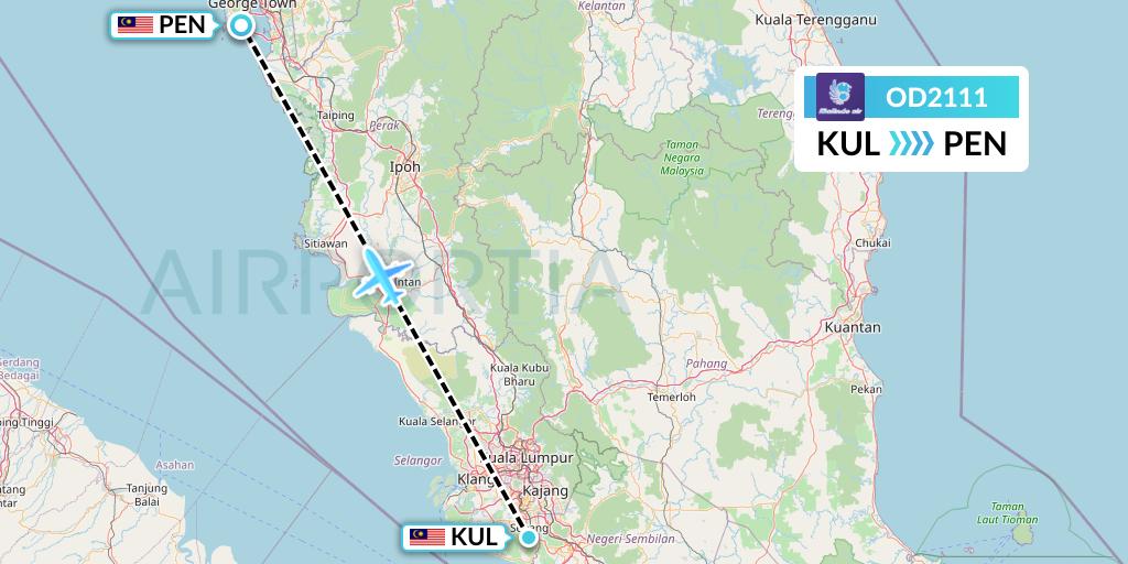OD2111 Batik Air Malaysia Flight Map: Kuala Lumpur to Penang