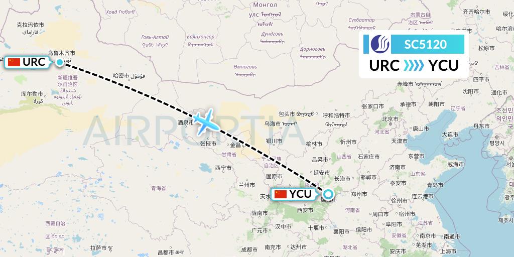 SC5120 Shandong Airlines Flight Map: Urumqi to Yuncheng