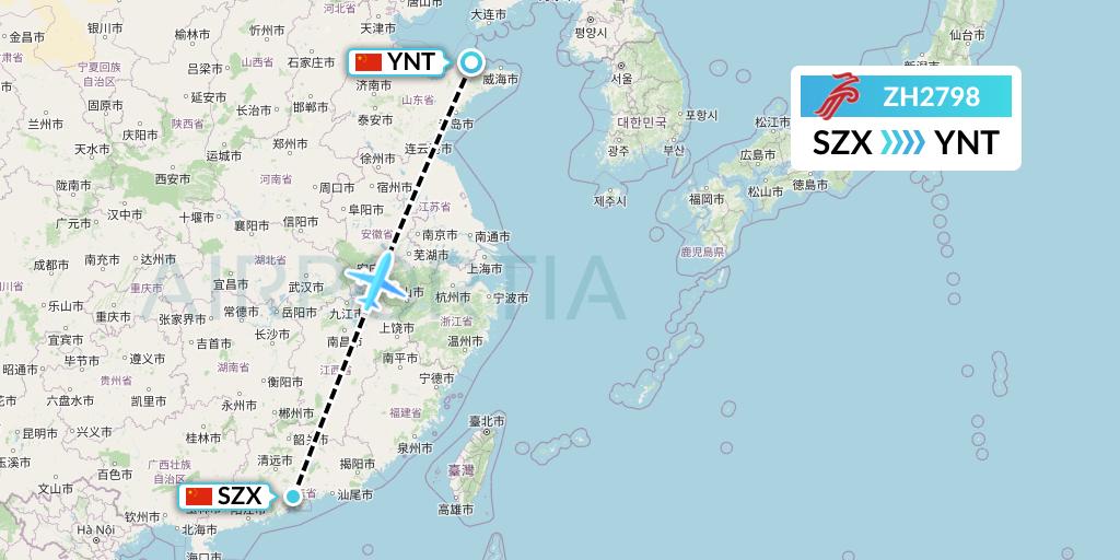 ZH2798 Shenzhen Airlines Flight Map: Shenzhen to Yantai