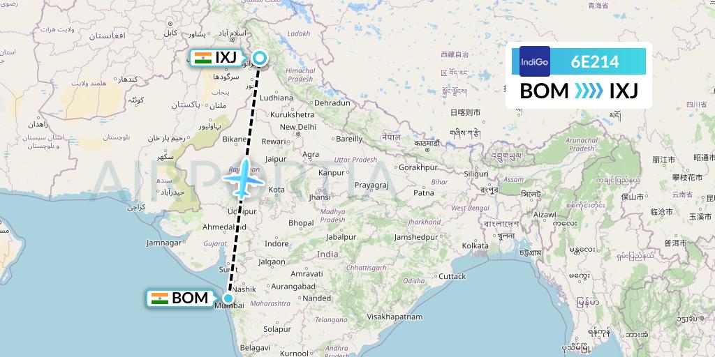 6E214 IndiGo Airlines Flight Map: Mumbai to Jammu