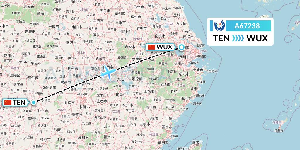 A67238 Hongtu Airlines Flight Map: Tongren to Wuxi