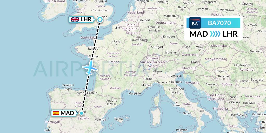 BA7070 British Airways Flight Map: Madrid to London