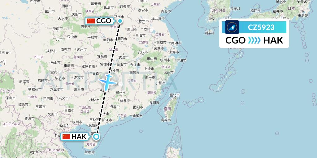 CZ5923 China Southern Airlines Flight Map: Zhengzhou to Haikou