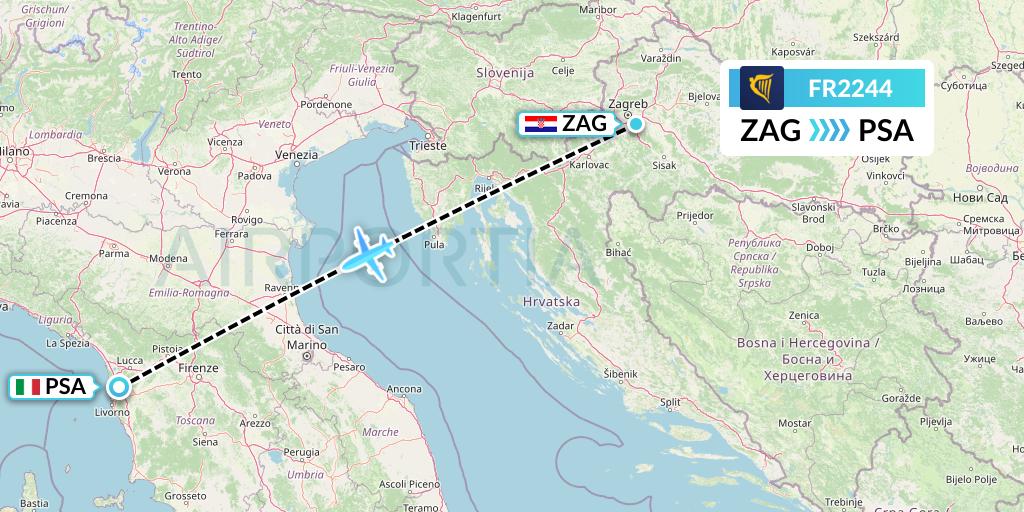 FR2244 Ryanair Flight Map: Zagreb to Pisa