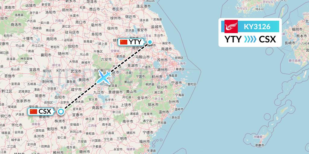KY3126 Kunming Airlines Flight Map: Yangzhou to Changsha