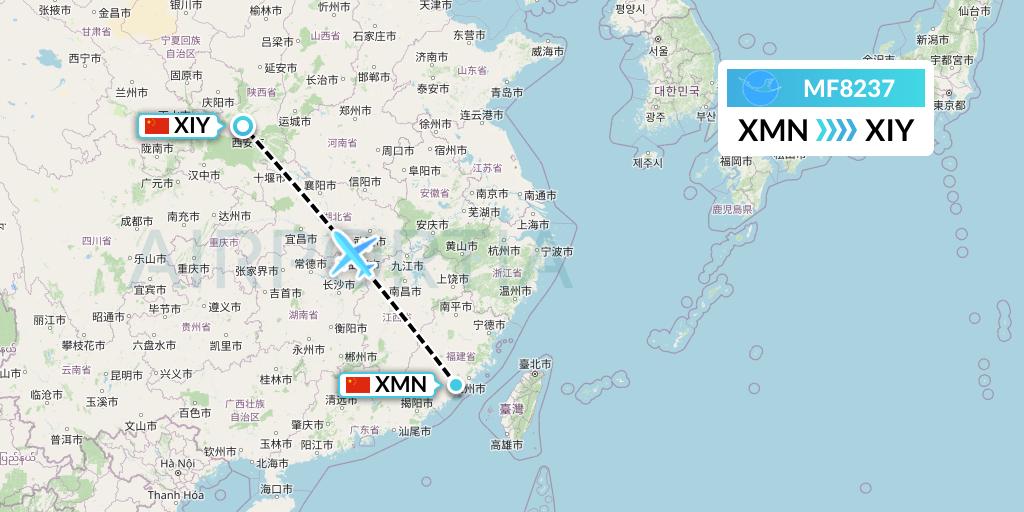 MF8237 Xiamen Airlines Flight Map: Xiamen to Xi'an