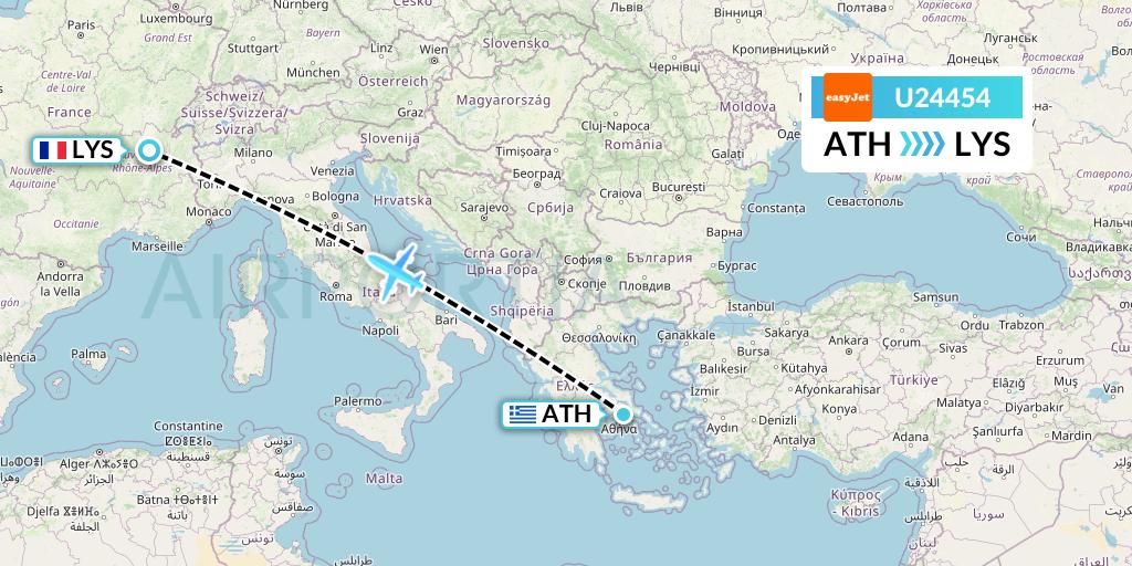 U24454 EasyJet Flight Map: Athens to Lyon