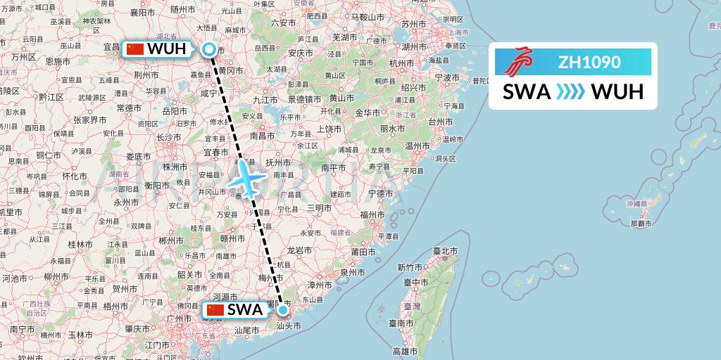ZH1090 Shenzhen Airlines Flight Map: Jieyang to Wuhan