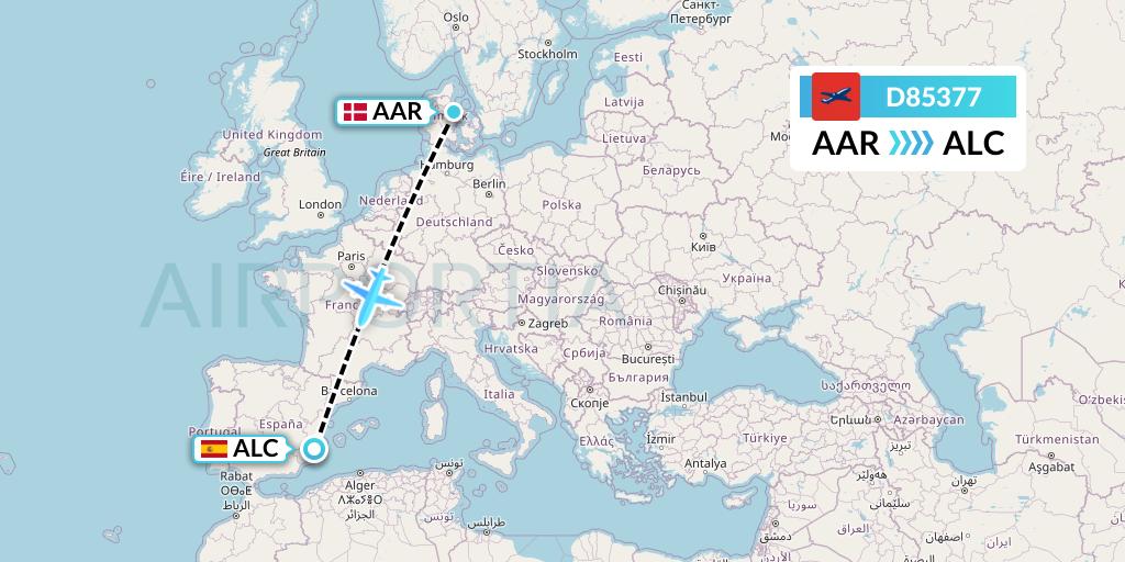 D85377 Norwegian Air International Flight Map: Aarhus to Alicante