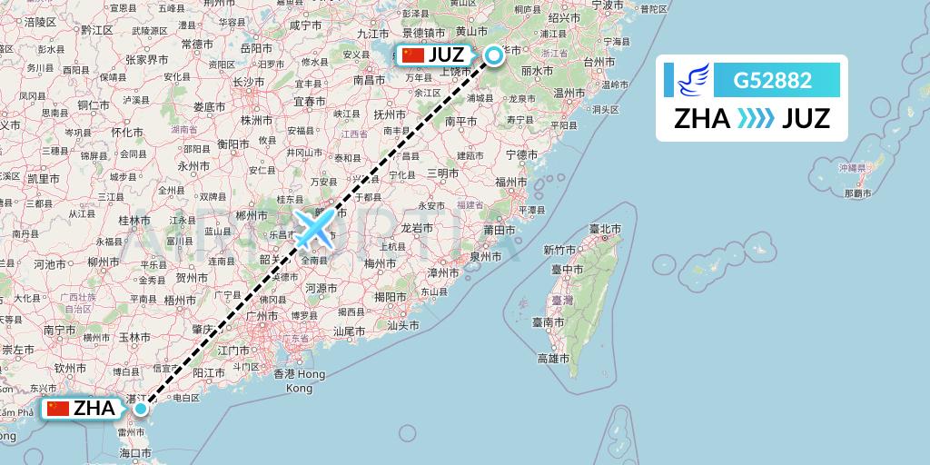 G52882 China Express Airlines Flight Map: Zhanjiang to Quzhou
