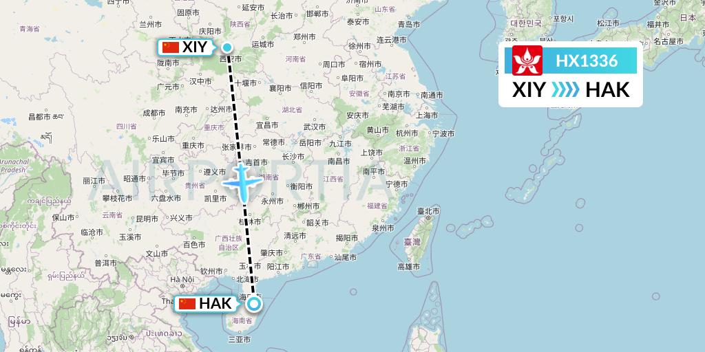 HX1336 Hong Kong Airlines Flight Map: Xi'an to Haikou