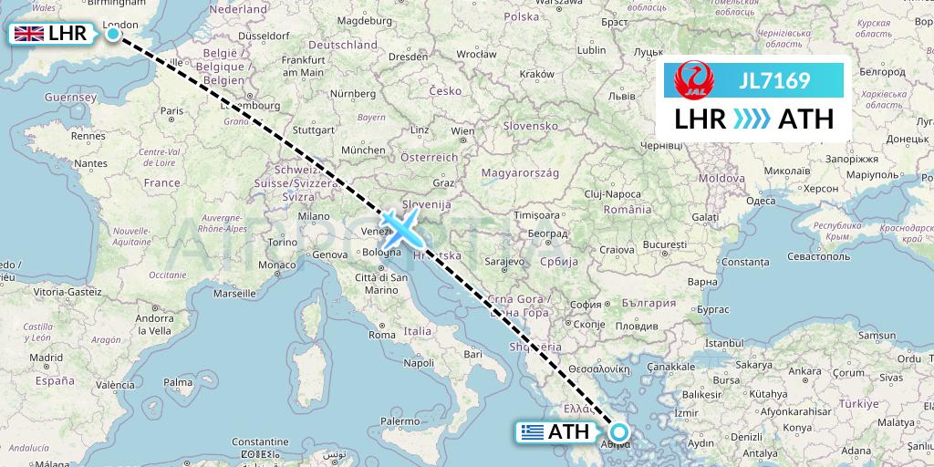 JL7169 Japan Airlines Flight Map: London to Athens