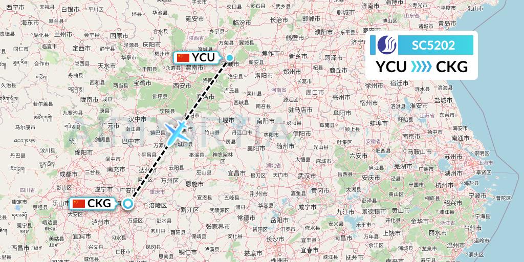 SC5202 Shandong Airlines Flight Map: Yuncheng to Chongqing