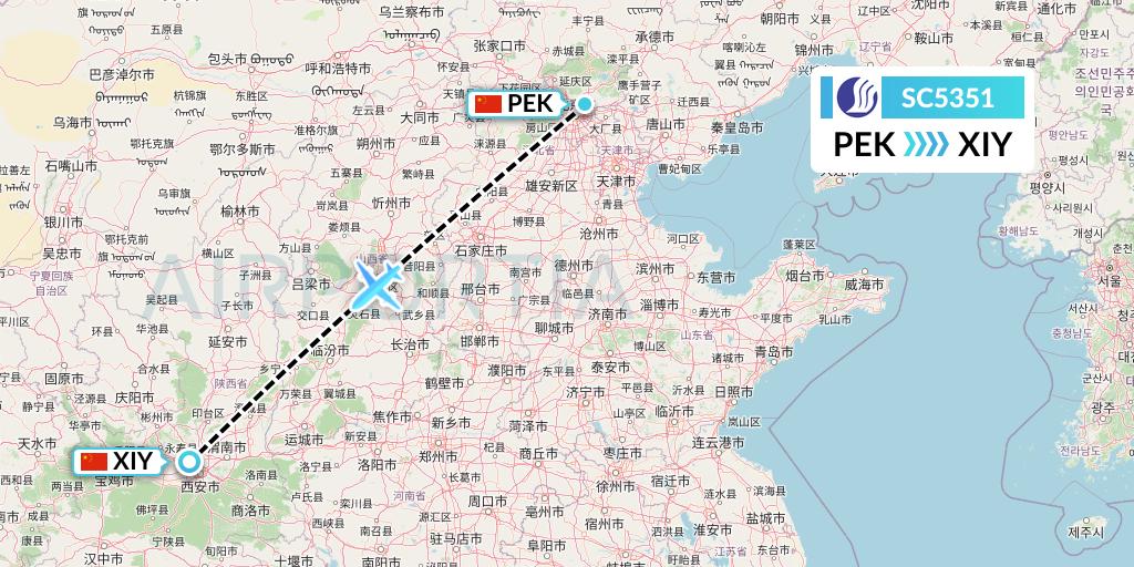 SC5351 Shandong Airlines Flight Map: Beijing to Xi'an