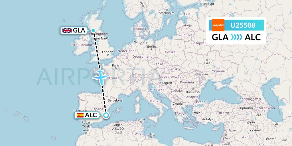 U25508 EasyJet Flight Map: Glasgow to Alicante
