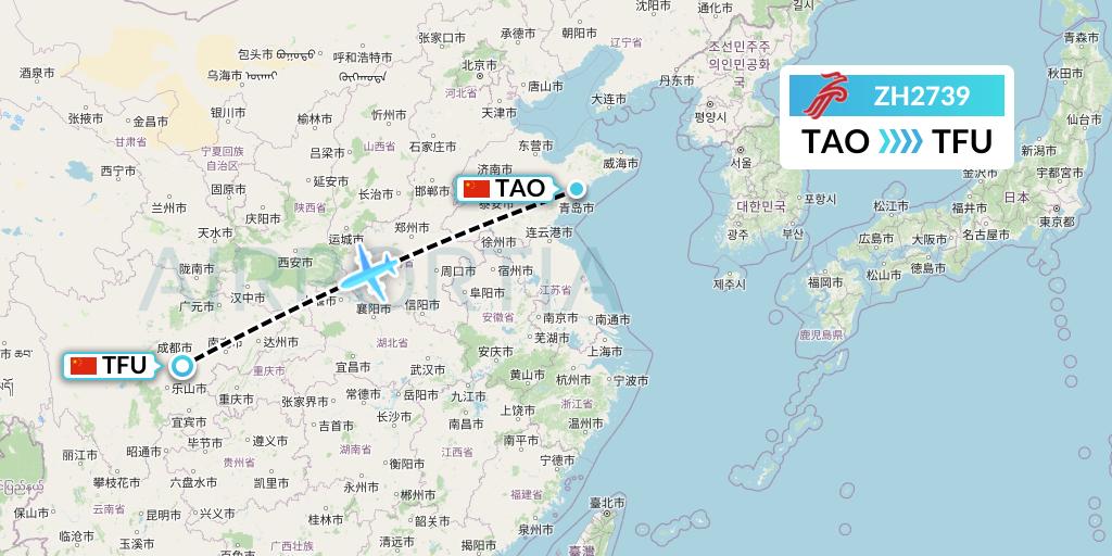 ZH2739 Shenzhen Airlines Flight Map: Qingdao to Chengdu