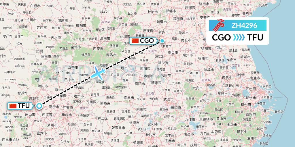 ZH4296 Shenzhen Airlines Flight Map: Zhengzhou to Chengdu