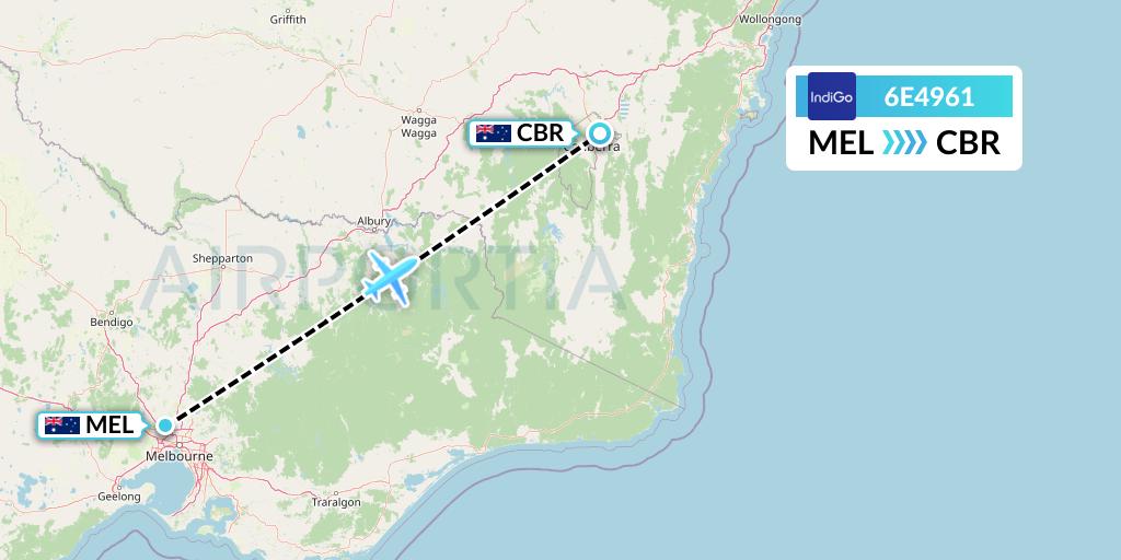 6E4961 IndiGo Airlines Flight Map: Melbourne to Canberra
