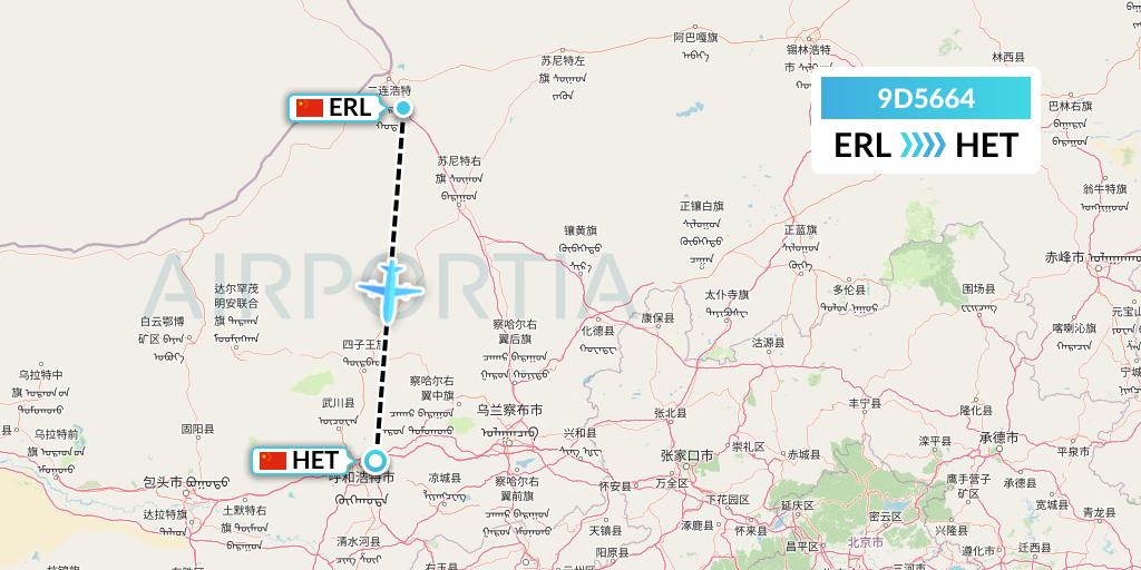 9D5664 Genghis Khan Airlines Flight Map: Erenhot to Hohhot