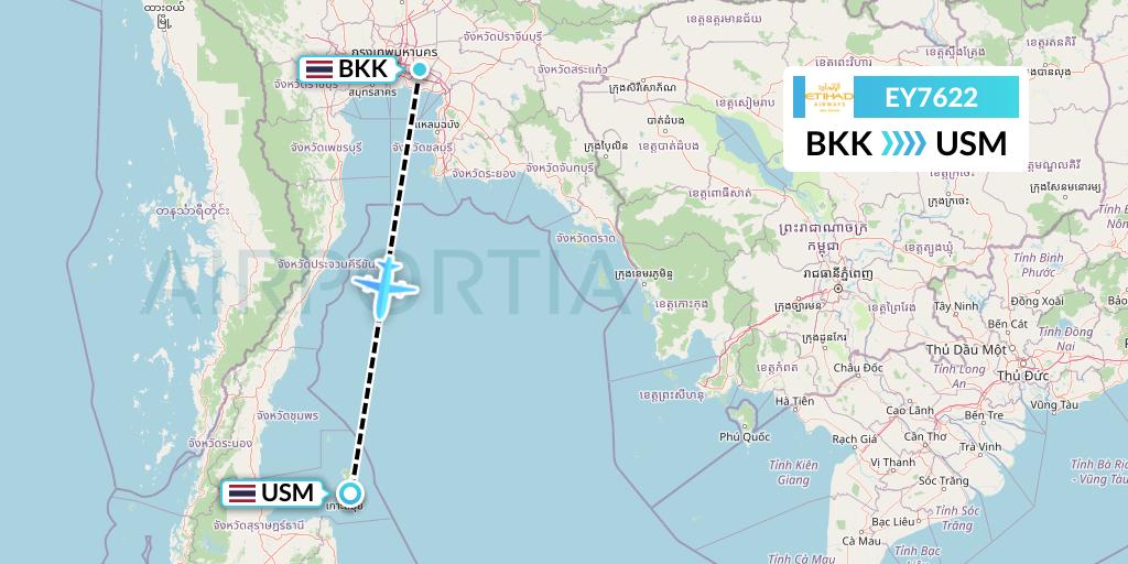 EY7622 Etihad Airways Flight Map: Bangkok to Koh Samui