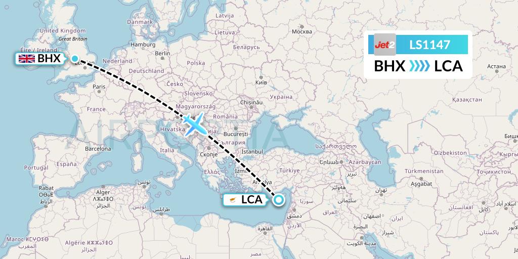 LS1147 Jet2 Flight Map: Birmingham to Larnaca