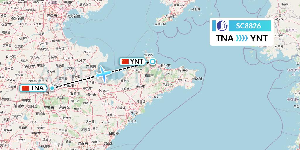 SC8826 Shandong Airlines Flight Map: Jinan to Yantai