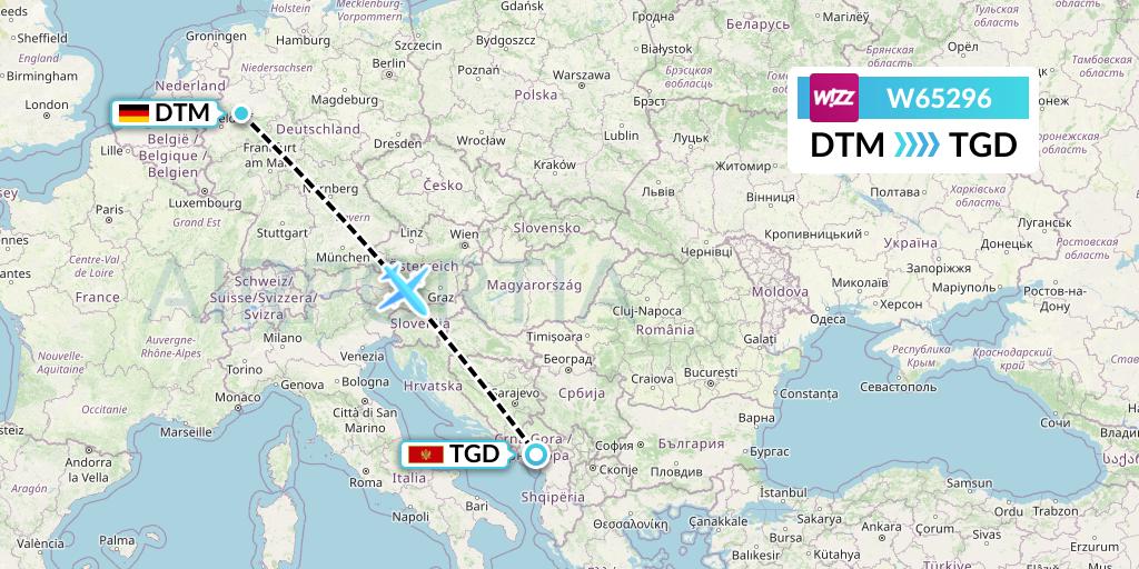 W65296 Wizz Air Flight Map: Dortmund to Podgorica