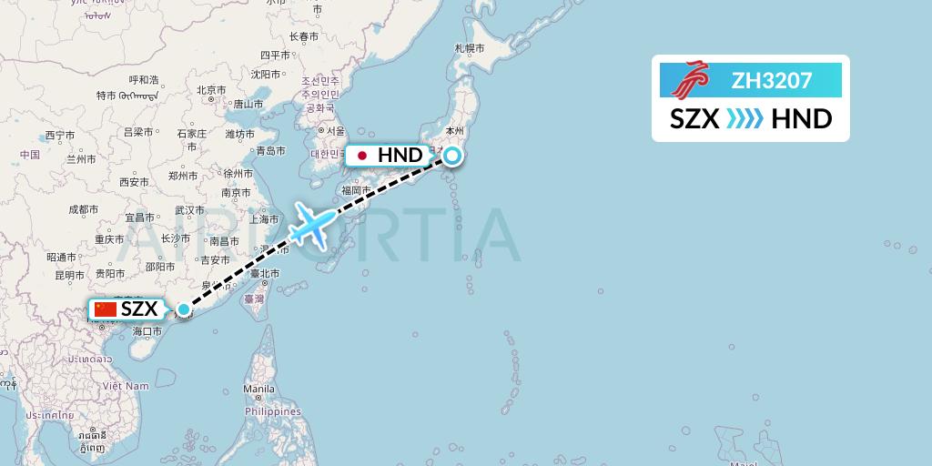 ZH3207 Shenzhen Airlines Flight Map: Shenzhen to Tokyo