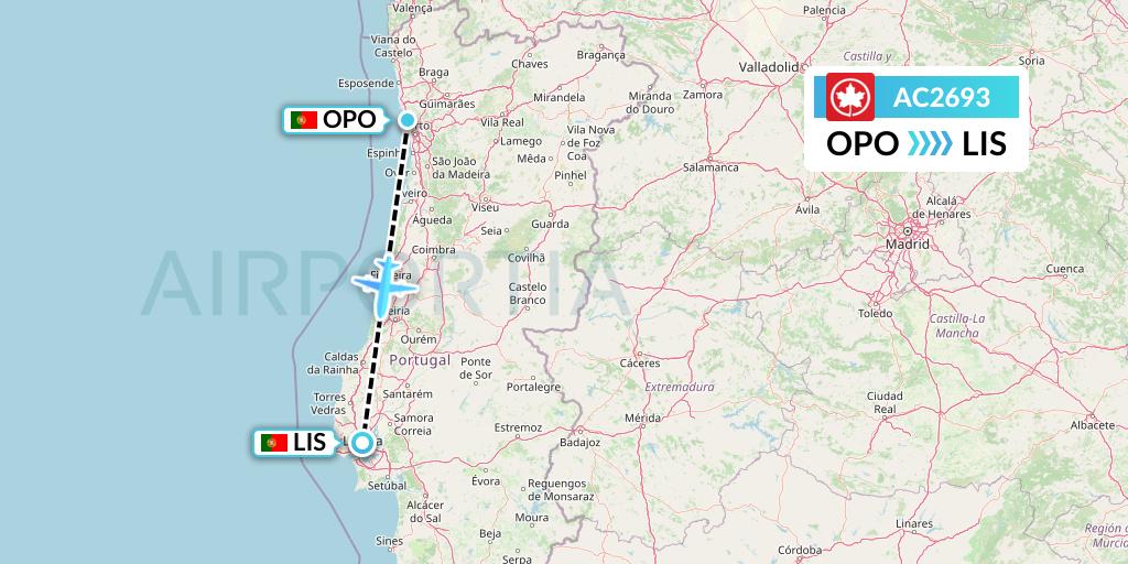 AC2693 Air Canada Flight Map: Porto to Lisbon