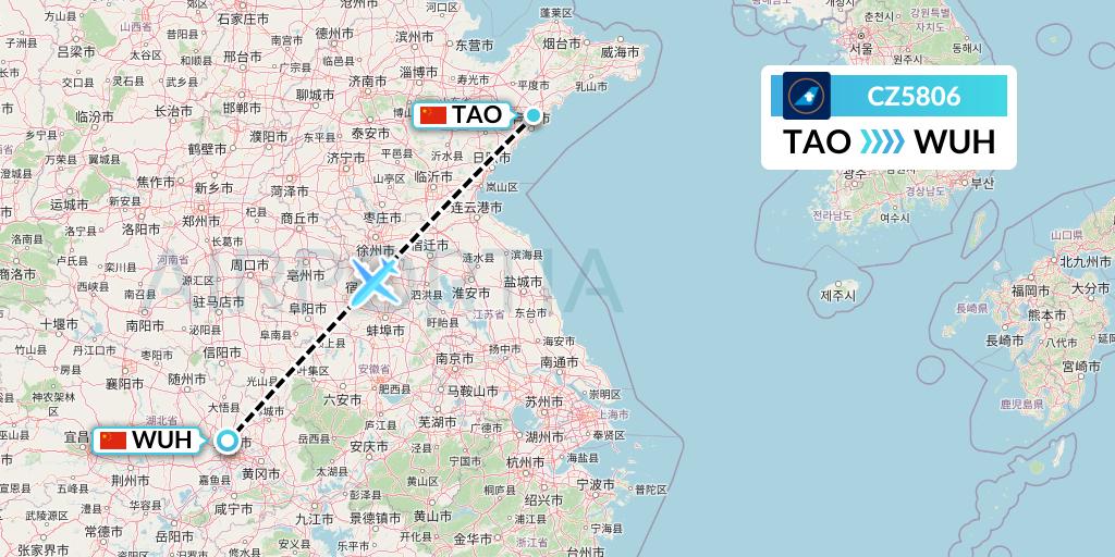 CZ5806 China Southern Airlines Flight Map: Qingdao to Wuhan