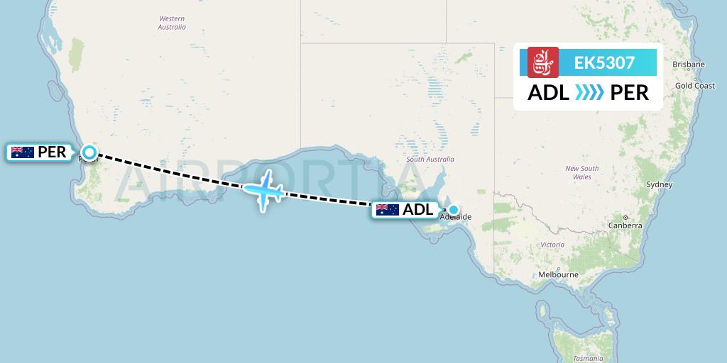 EK5307 Emirates Flight Map: Adelaide to Perth