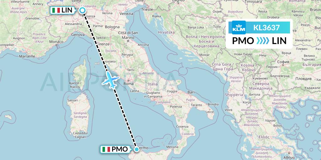 KL3637 KLM Flight Map: Palermo to Milan